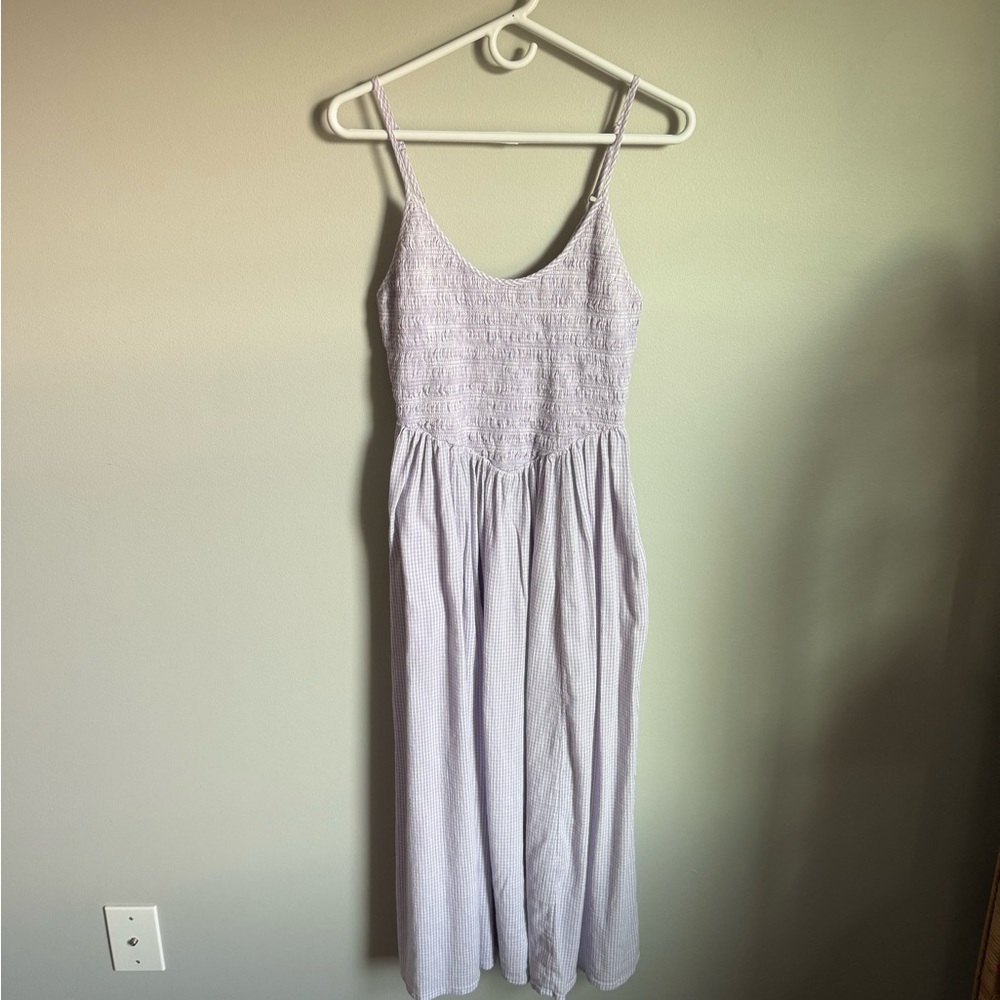 Aerie Lavender and White Gingham Shirred Midi Dress
